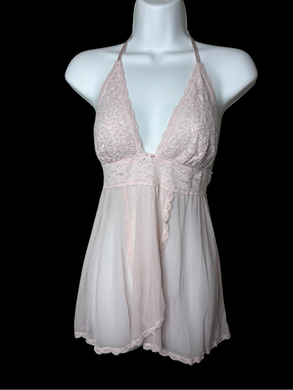 Pink Lace Feminine Coquette Sheer Mesh Babydoll Lingerie Sparkly Top Size L Open